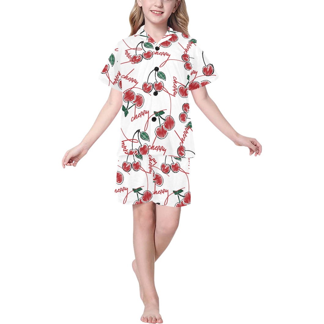 Hand drawn cherry pattern Kids' Boys' Girls' V-Neck Short Pajama Set