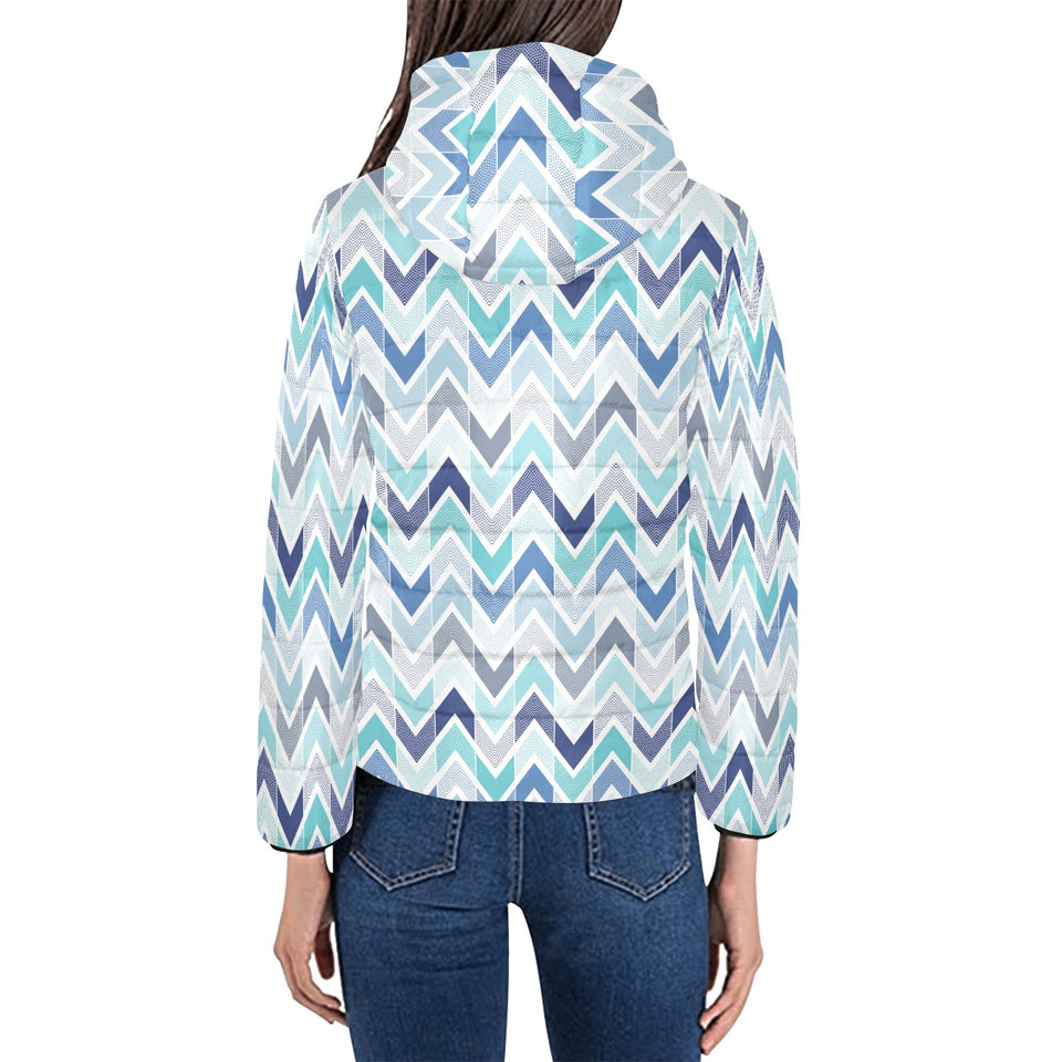zigzag chevron blue pattern Women's Padded Hooded Jacket