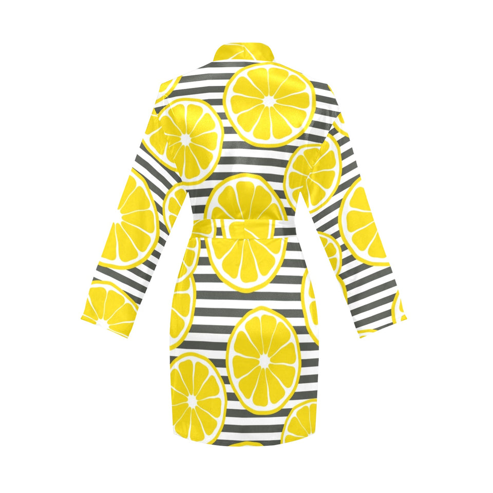 slice of lemon design pattern Women's Long Sleeve Belted Night Robe
