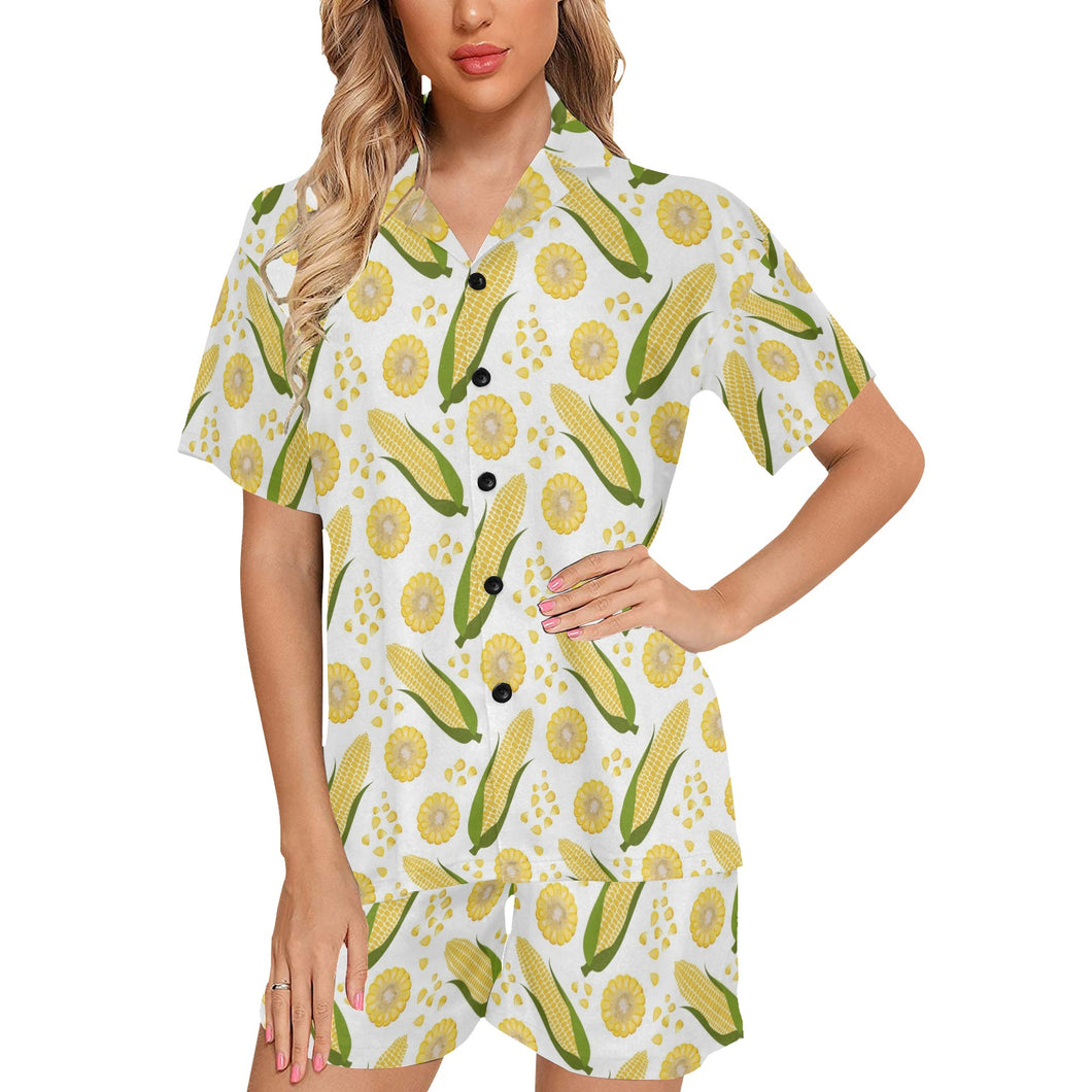 Corn Pattern Print Design 05 Women's V-Neck Short Pajama Set