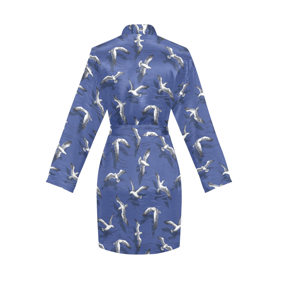 Seagull Pattern Print Design 03 Women's Long Sleeve Belted Night Robe