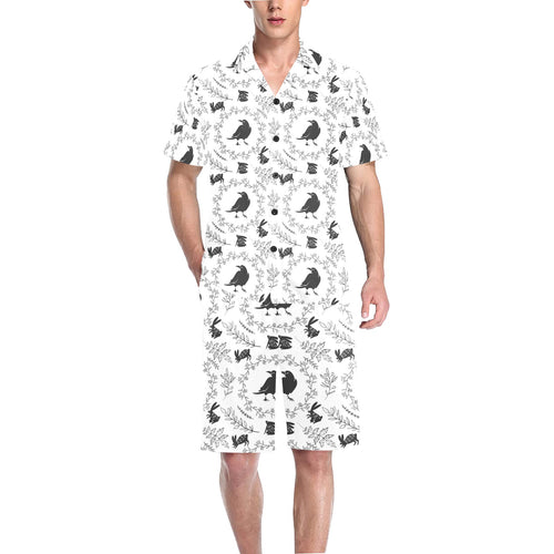 Crows floral wreath rabbit pattern Men's V-Neck Short Pajama Set
