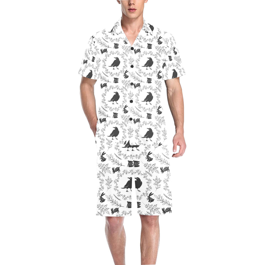 Crows floral wreath rabbit pattern Men's V-Neck Short Pajama Set