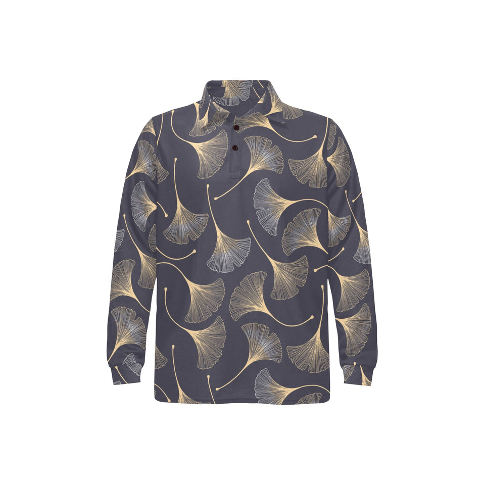 Gold ginkgo leaves Men's Long Sleeve Polo Shirt