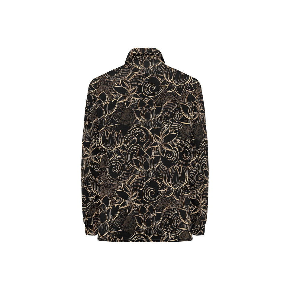 luxurious gold lotus waterlily black background Women's Long Sleeve Polo Shirt