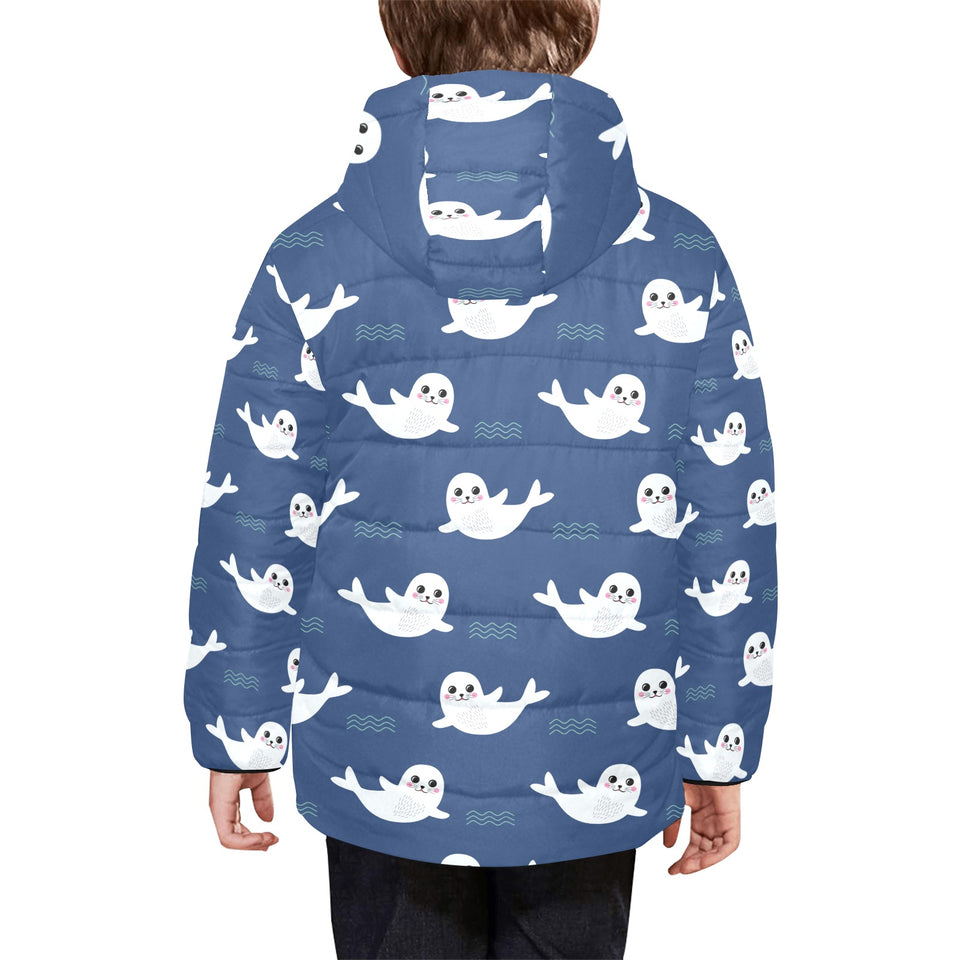Cute white baby sea lion seal pattern Kids' Boys' Girls' Padded Hooded Jacket