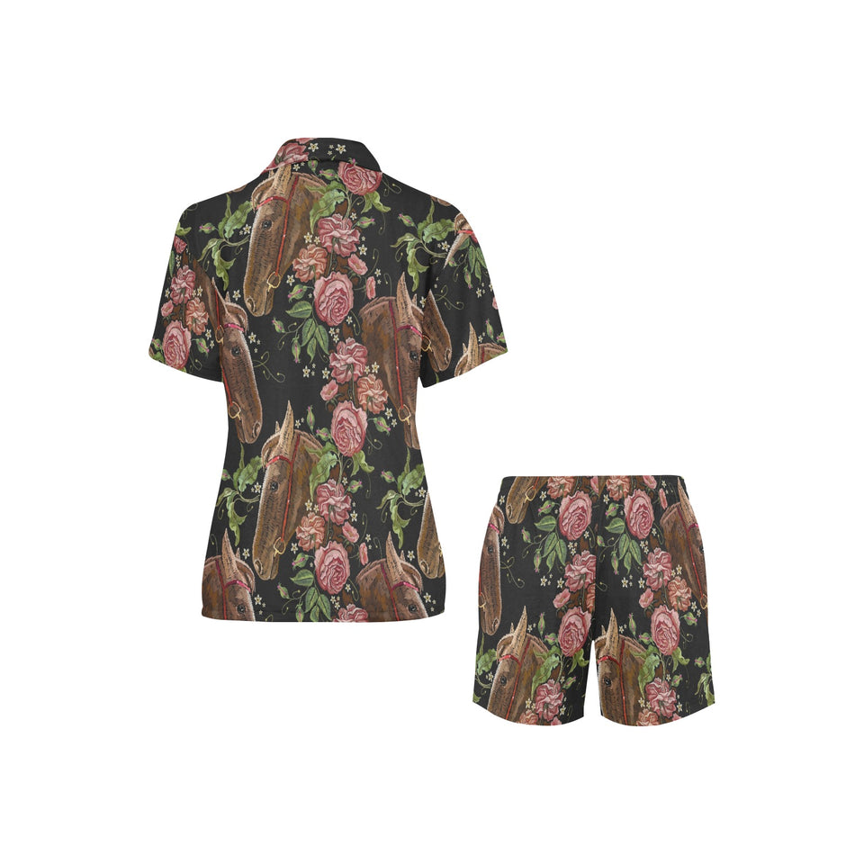 Horse head wild roses pattern Women's V-Neck Short Pajama Set