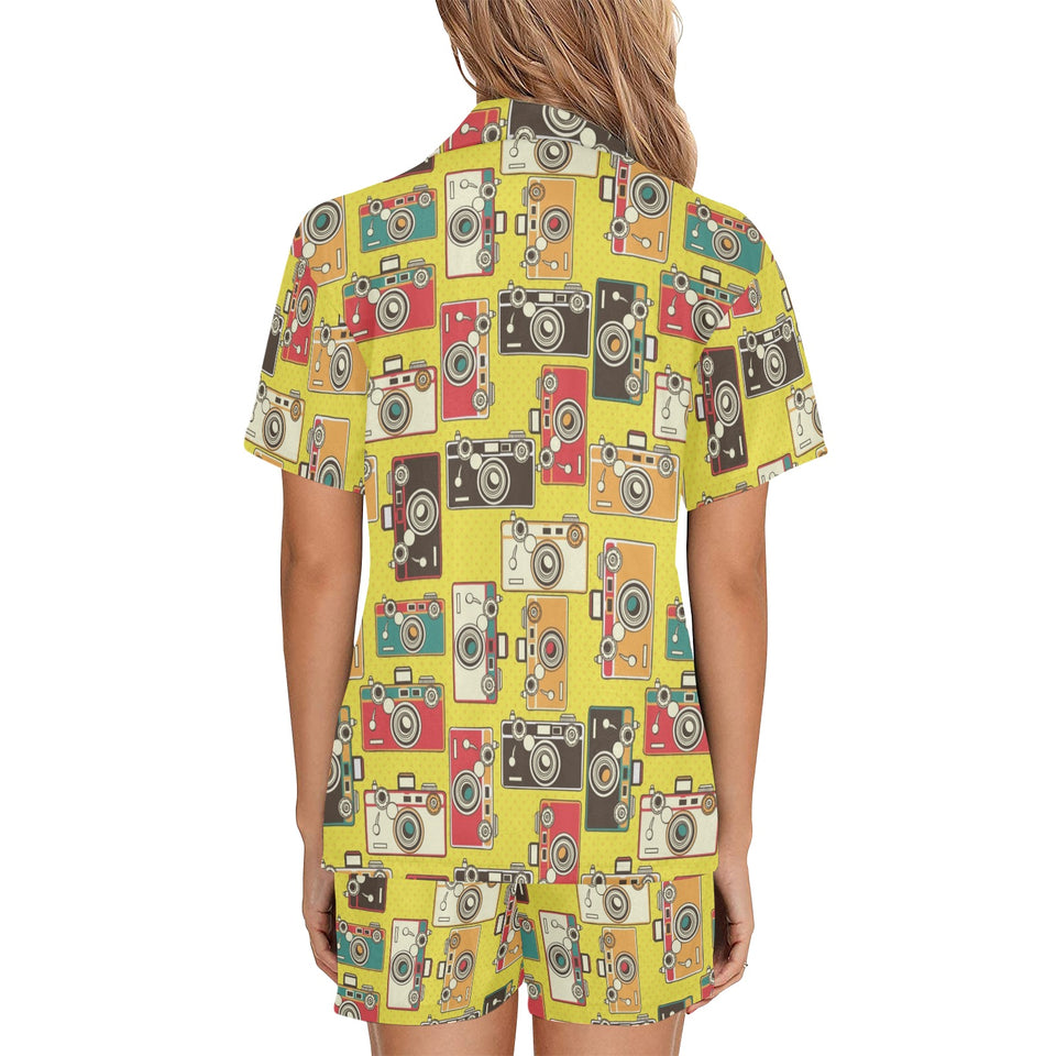 Camera Pattern Print Design 02 Women's V-Neck Short Pajama Set