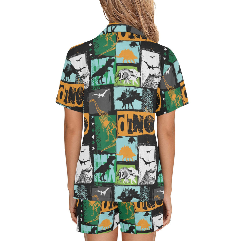 dinosaurs print pattern Women's V-Neck Short Pajama Set