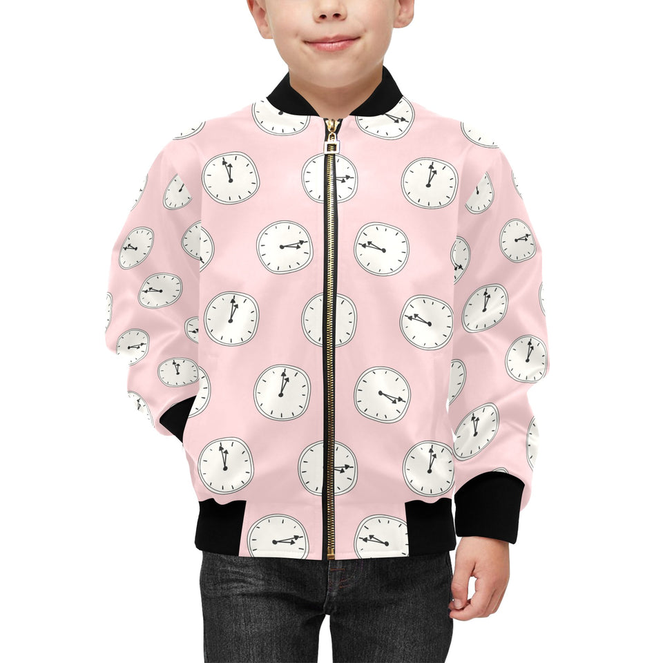 Clock pattern pink blackground Kids' Boys' Girls' Bomber Jacket