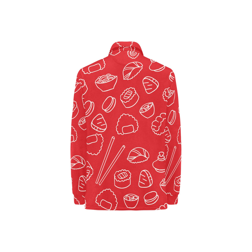 sushi pattern red background Women's Long Sleeve Polo Shirt