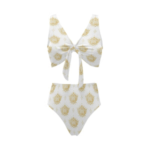 Gold Ornamental lotue waterlily symbol pattern Chest Bowknot High Waisted Bikini Swimsuit