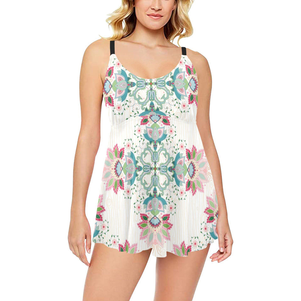 Square floral indian flower pattern Chest Sexy Pleated Two Piece Swim Dress