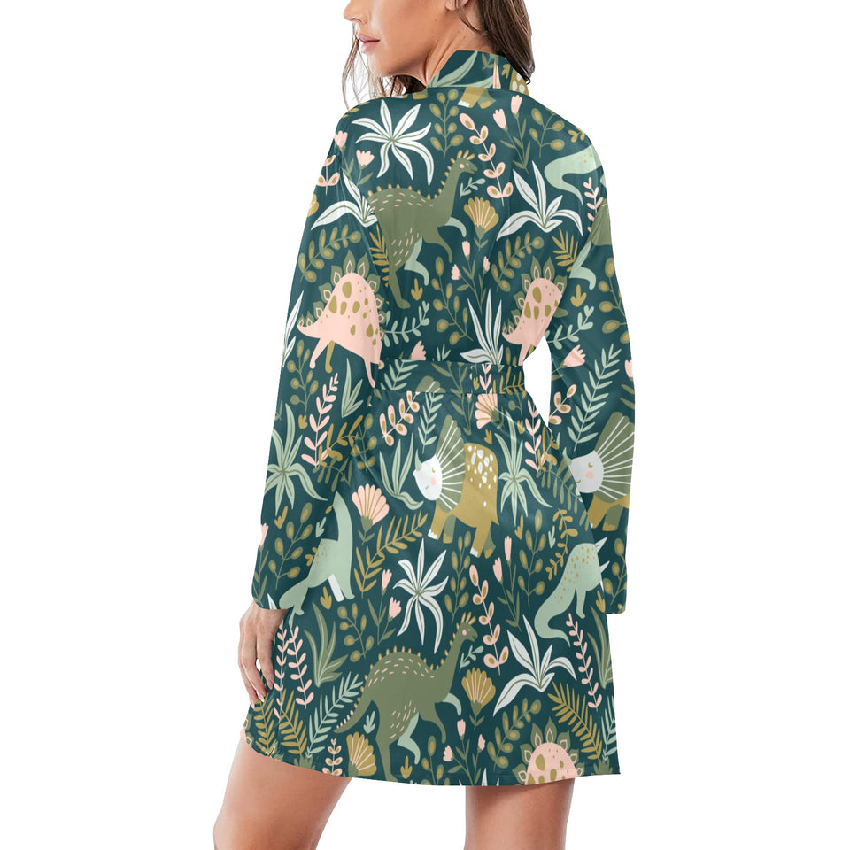 dinosaurs tropical leaves flower pattern Women's Long Sleeve Belted Night Robe