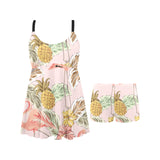 Pink flamingo birds pineapples hibiscus flower pat Chest Sexy Pleated Two Piece Swim Dress