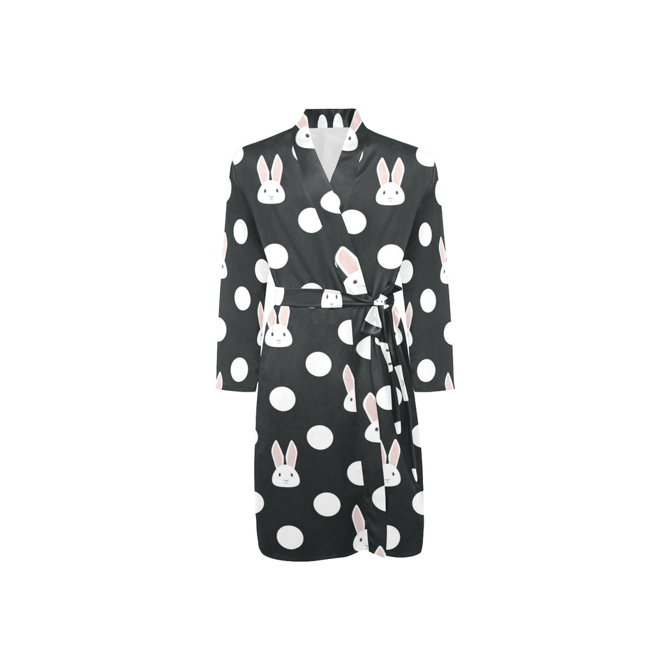 Cute white rabbit polka dots black background Men's Long Sleeve Belted Night Robe