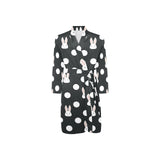 Cute white rabbit polka dots black background Men's Long Sleeve Belted Night Robe