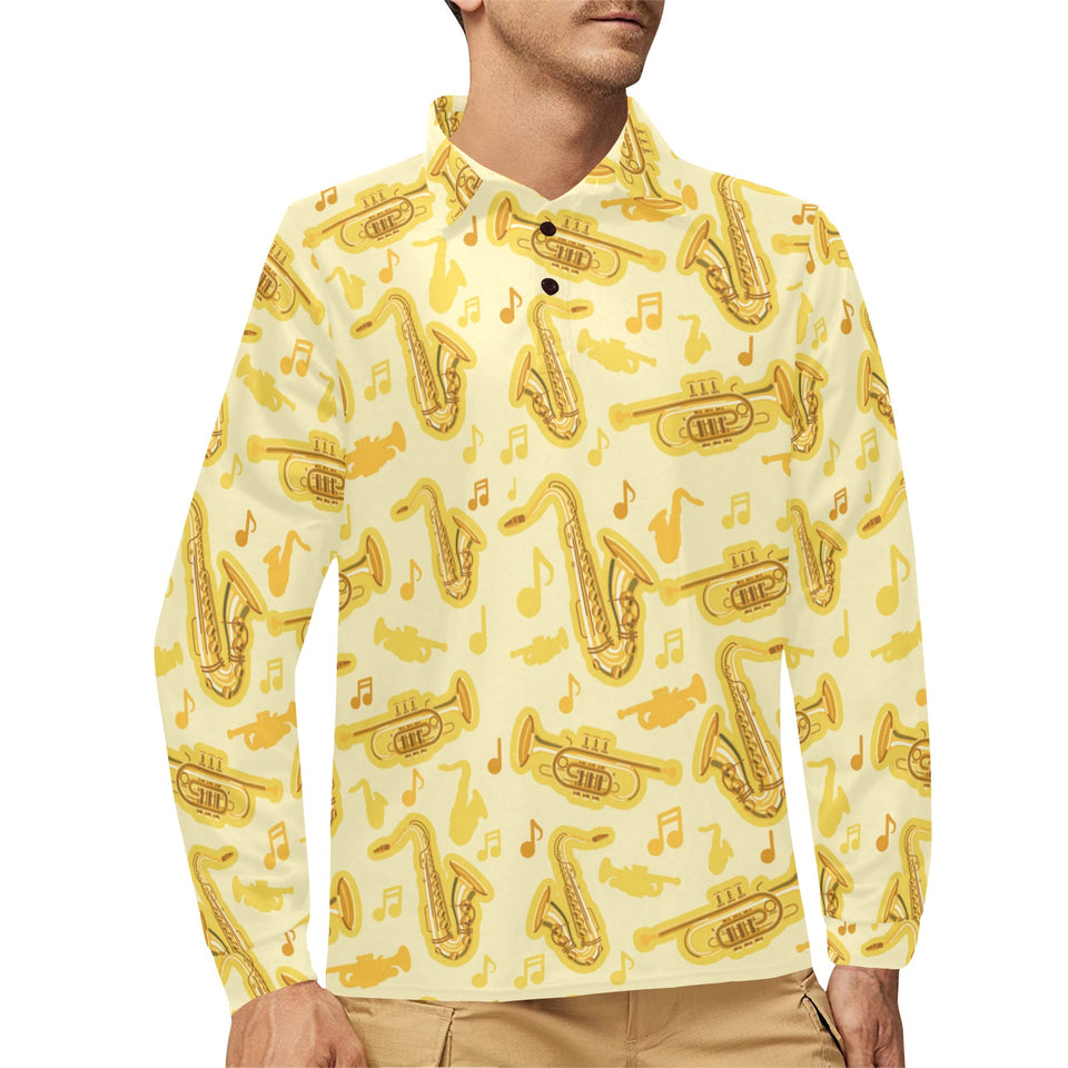 Saxophone cornet pattern yellow background Men's Long Sleeve Polo Shirt