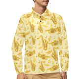 Saxophone cornet pattern yellow background Men's Long Sleeve Polo Shirt