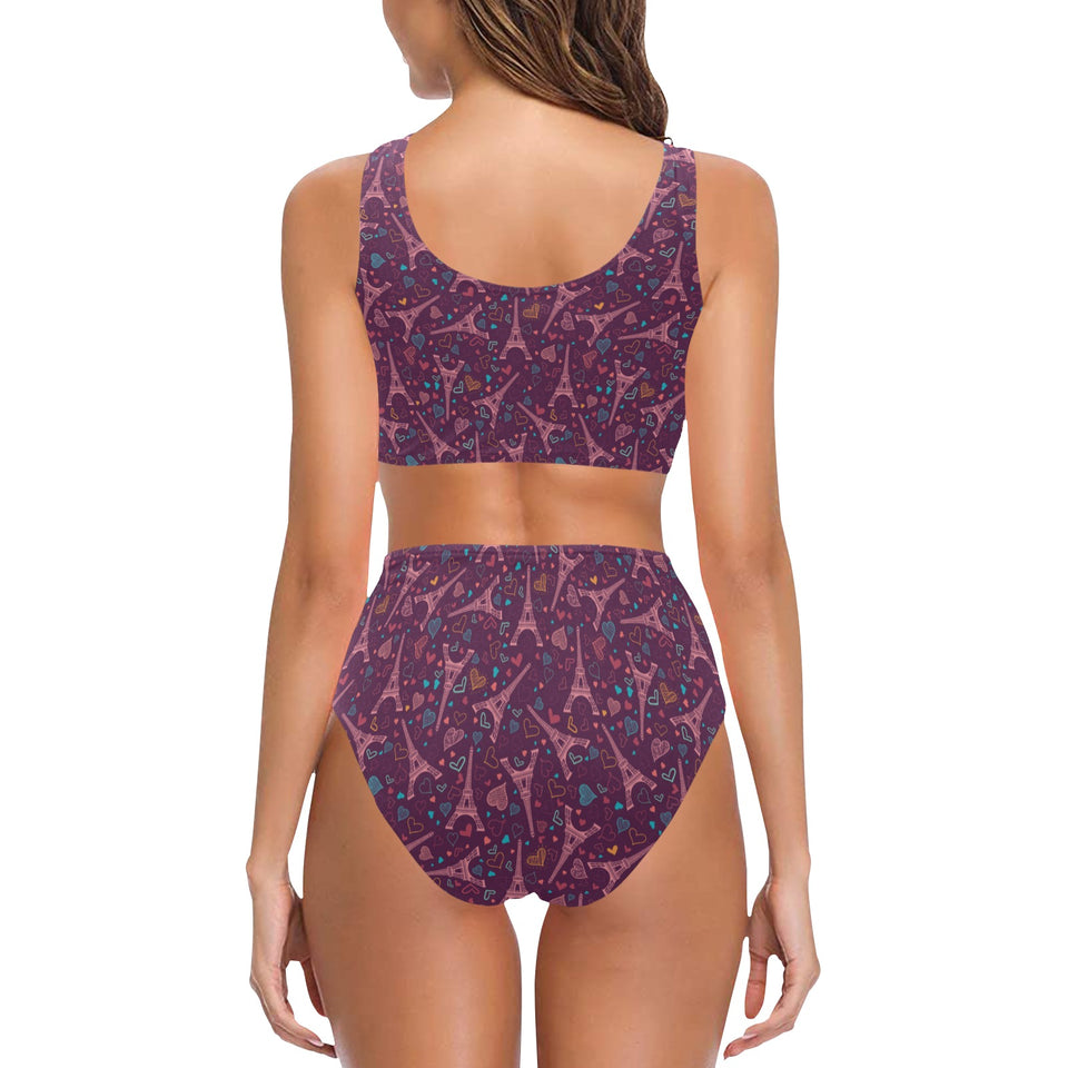 Eiffel Tower Heart Pattern Print Design 04 Chest Bowknot High Waisted Bikini Swimsuit