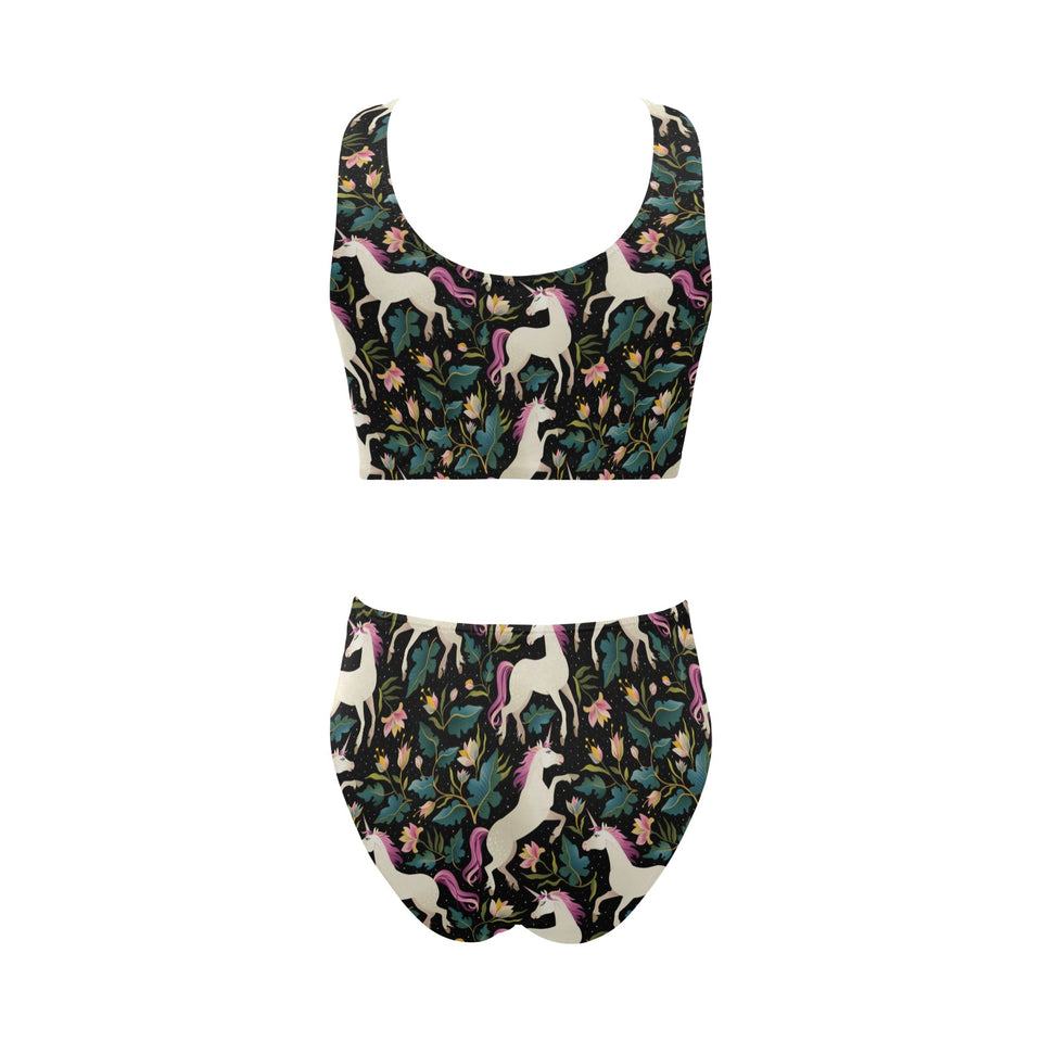 Unicorns forest background Chest Bowknot High Waisted Bikini Swimsuit