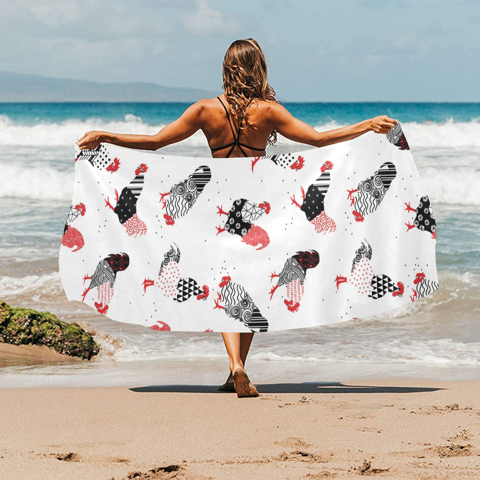 Cool rooster chicken cock floral ornament backgrou Beach Towel