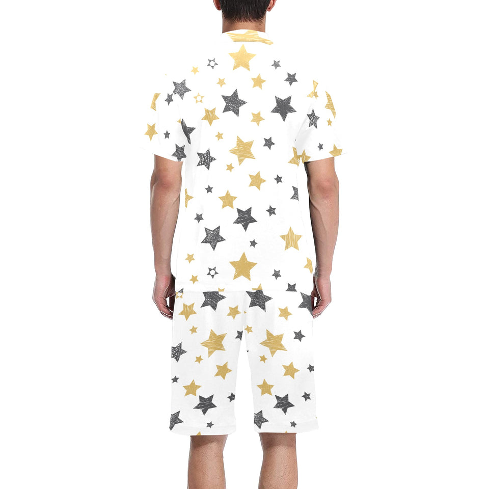 hand drawn gold black star pattern Men's V-Neck Short Pajama Set