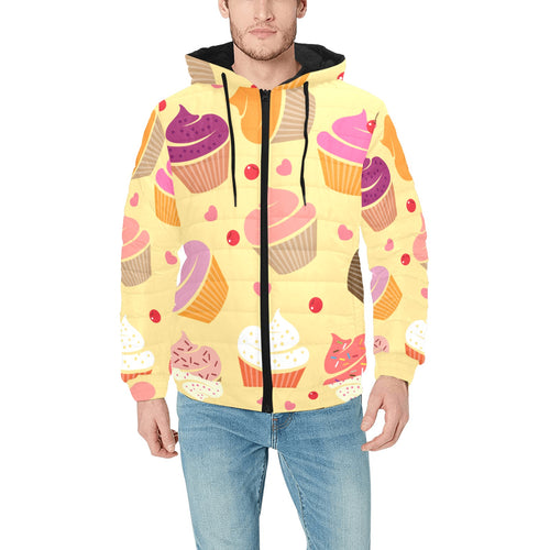 cake cupcake heart cherry pattern Men's Padded Hooded Jacket