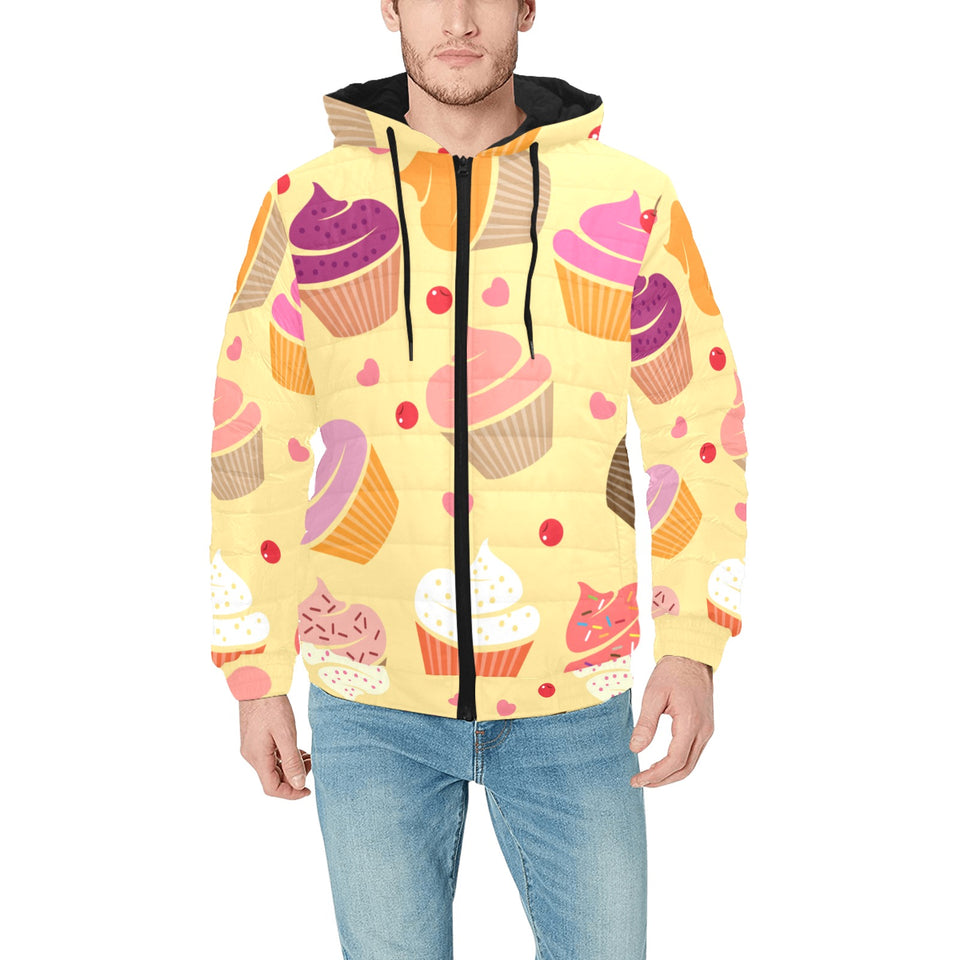 cake cupcake heart cherry pattern Men's Padded Hooded Jacket