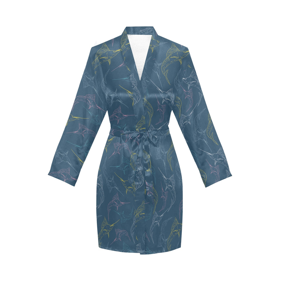 Swordfish Pattern Print Design 02 Women's Long Sleeve Belted Night Robe