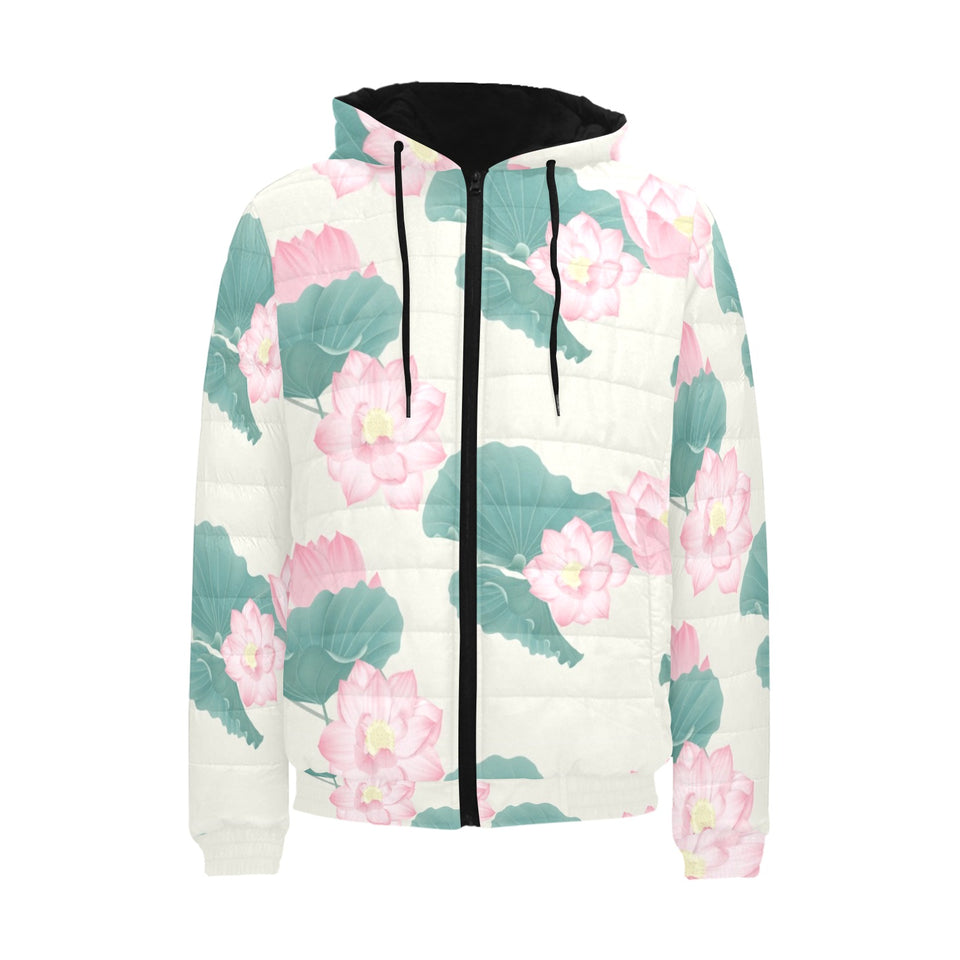 Pink lotus waterlily leaves pattern Men's Padded Hooded Jacket