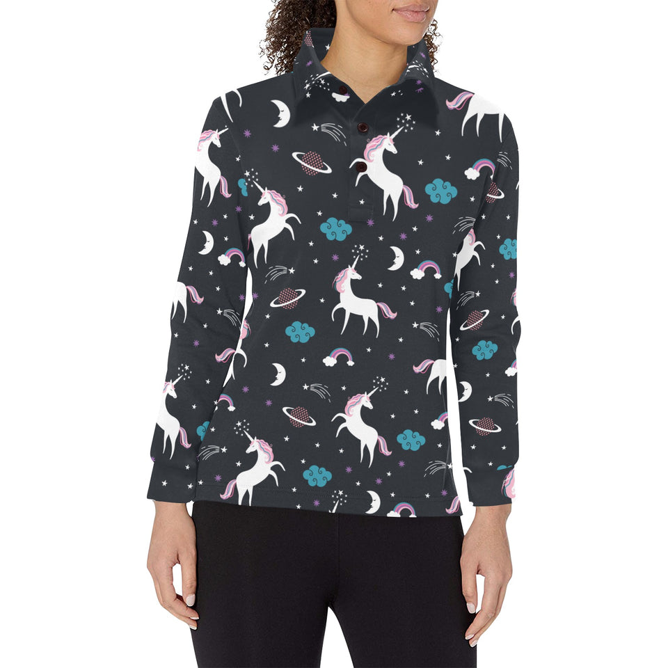unicorn rainbows moon clound star pattern Women's Long Sleeve Polo Shirt