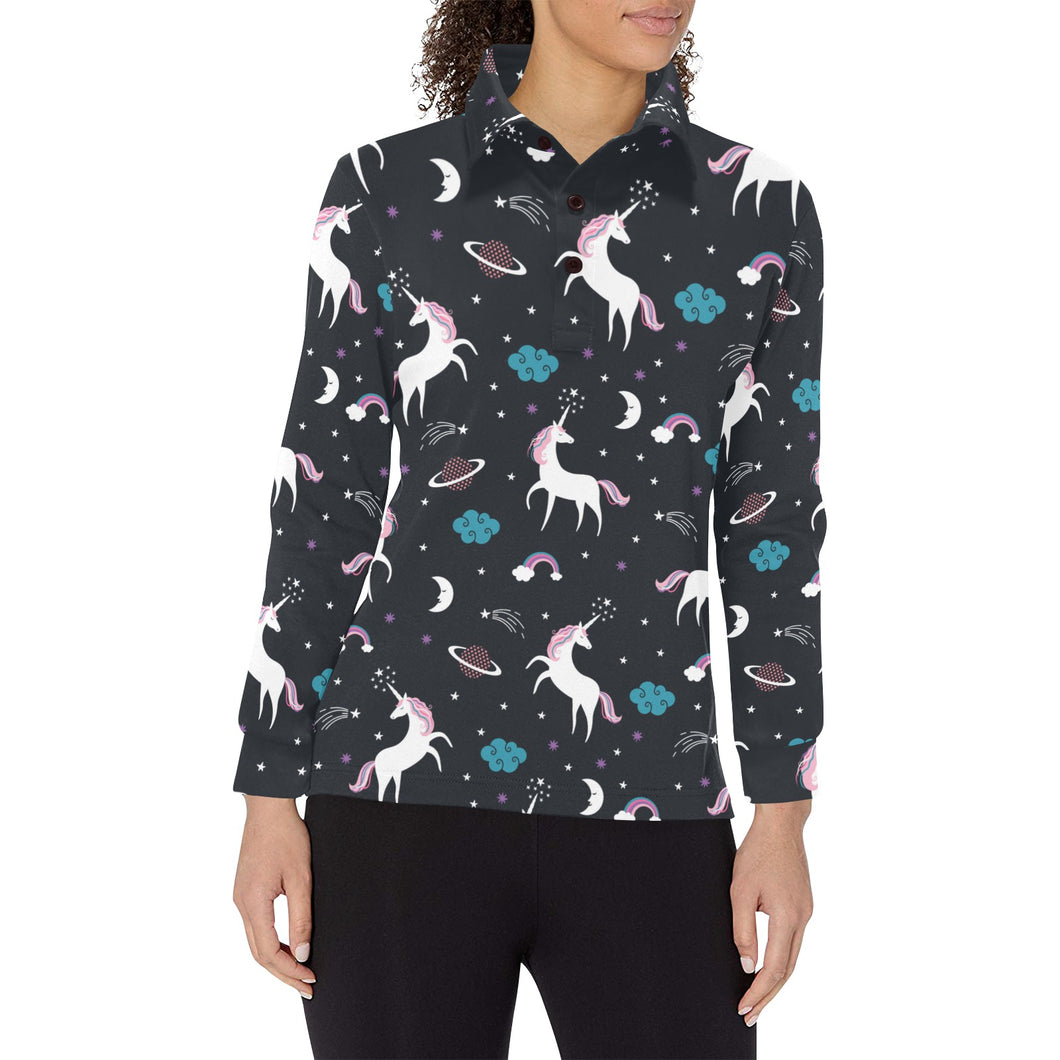 unicorn rainbows moon clound star pattern Women's Long Sleeve Polo Shirt