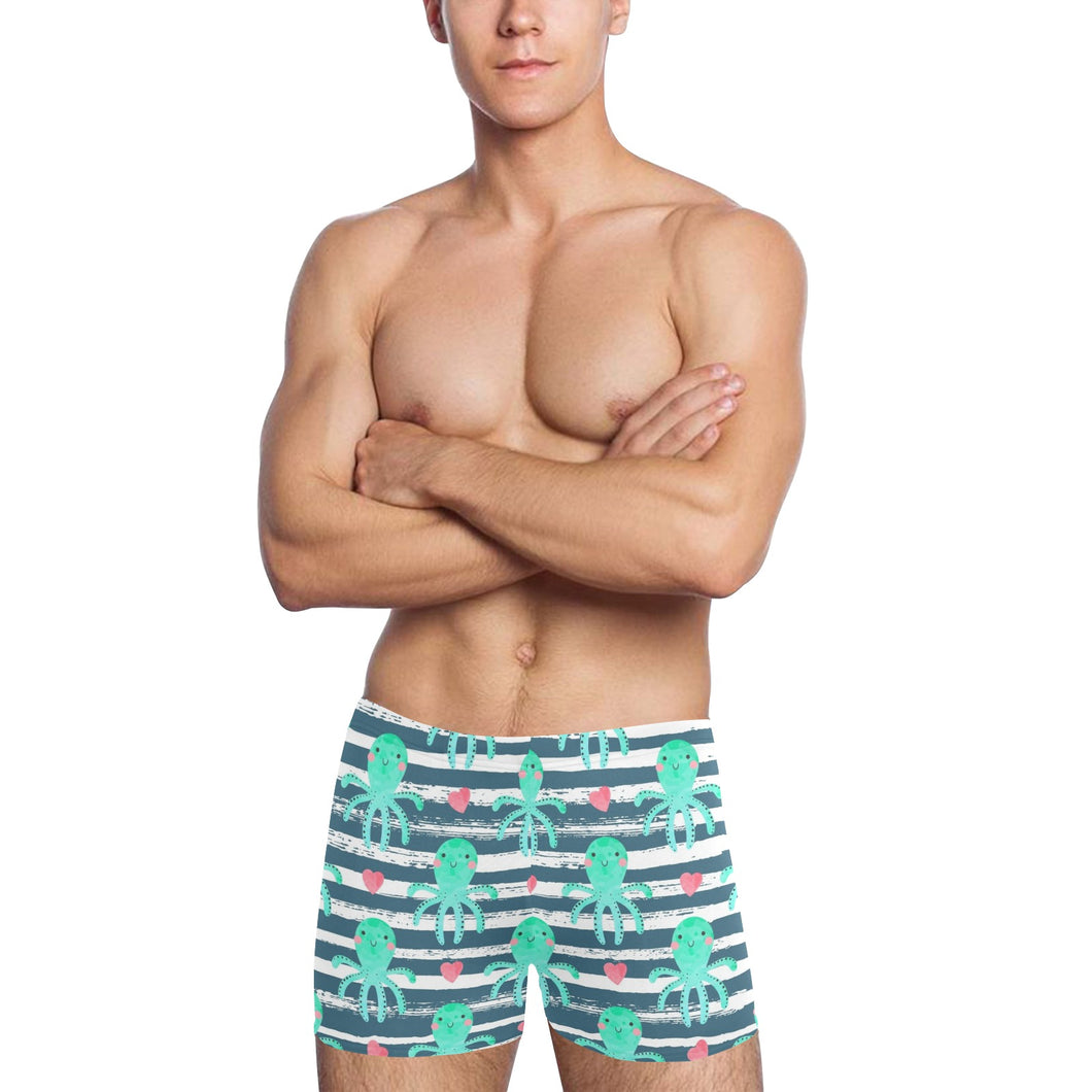 Cute octopuses heart striped background Men's Swimming Trunks