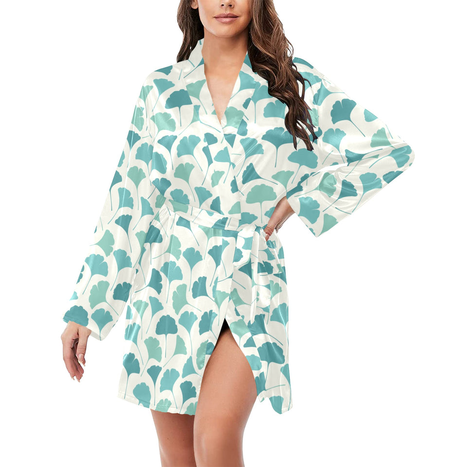 Green ginkgo leaves pattern Women's Long Sleeve Belted Night Robe