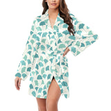 Green ginkgo leaves pattern Women's Long Sleeve Belted Night Robe
