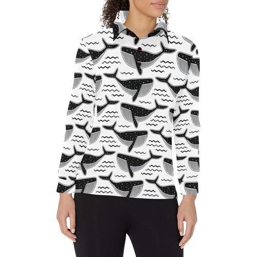 Black whale pattern Women's Long Sleeve Polo Shirt