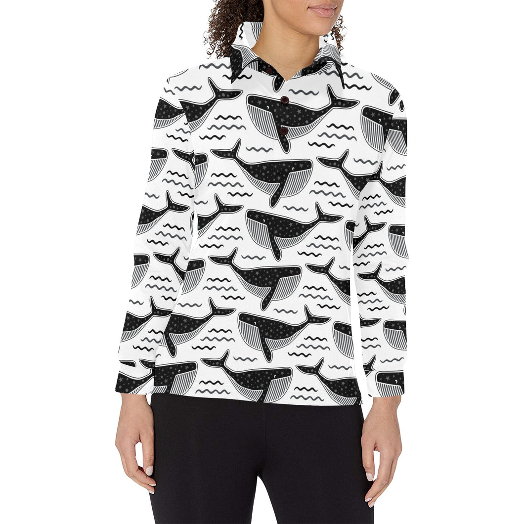 Black whale pattern Women's Long Sleeve Polo Shirt