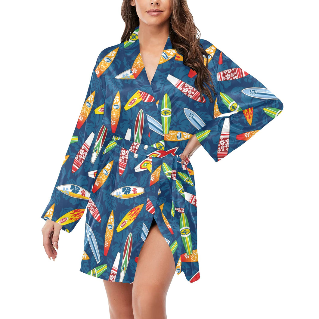 Surfboard Pattern Print Design 01 Women's Long Sleeve Belted Night Robe