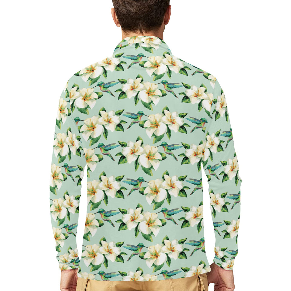 Hummingbird Pattern Print Design 01 Men's Long Sleeve Polo Shirt