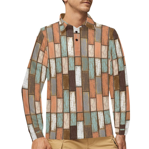 Wood Printed Pattern Print Design 02 Men's Long Sleeve Polo Shirt