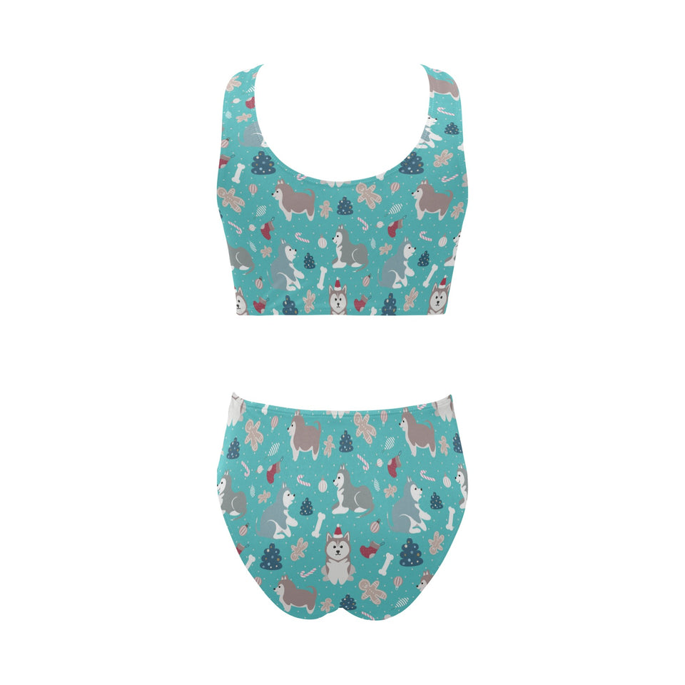 Christmas cute siberian husky puppie pattern Chest Bowknot High Waisted Bikini Swimsuit
