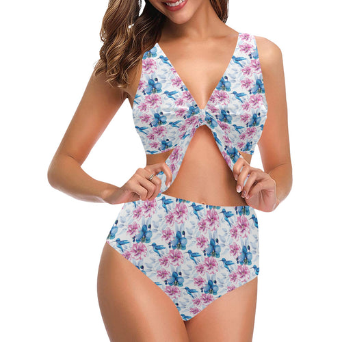 Hummingbird Pattern Print Design 02 Chest Bowknot High Waisted Bikini Swimsuit