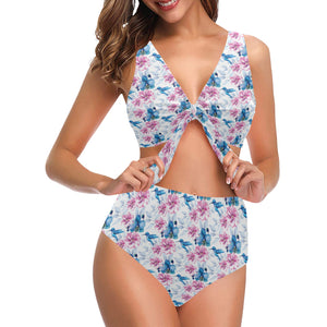 Hummingbird Pattern Print Design 02 Chest Bowknot High Waisted Bikini Swimsuit
