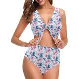 Hummingbird Pattern Print Design 02 Chest Bowknot High Waisted Bikini Swimsuit