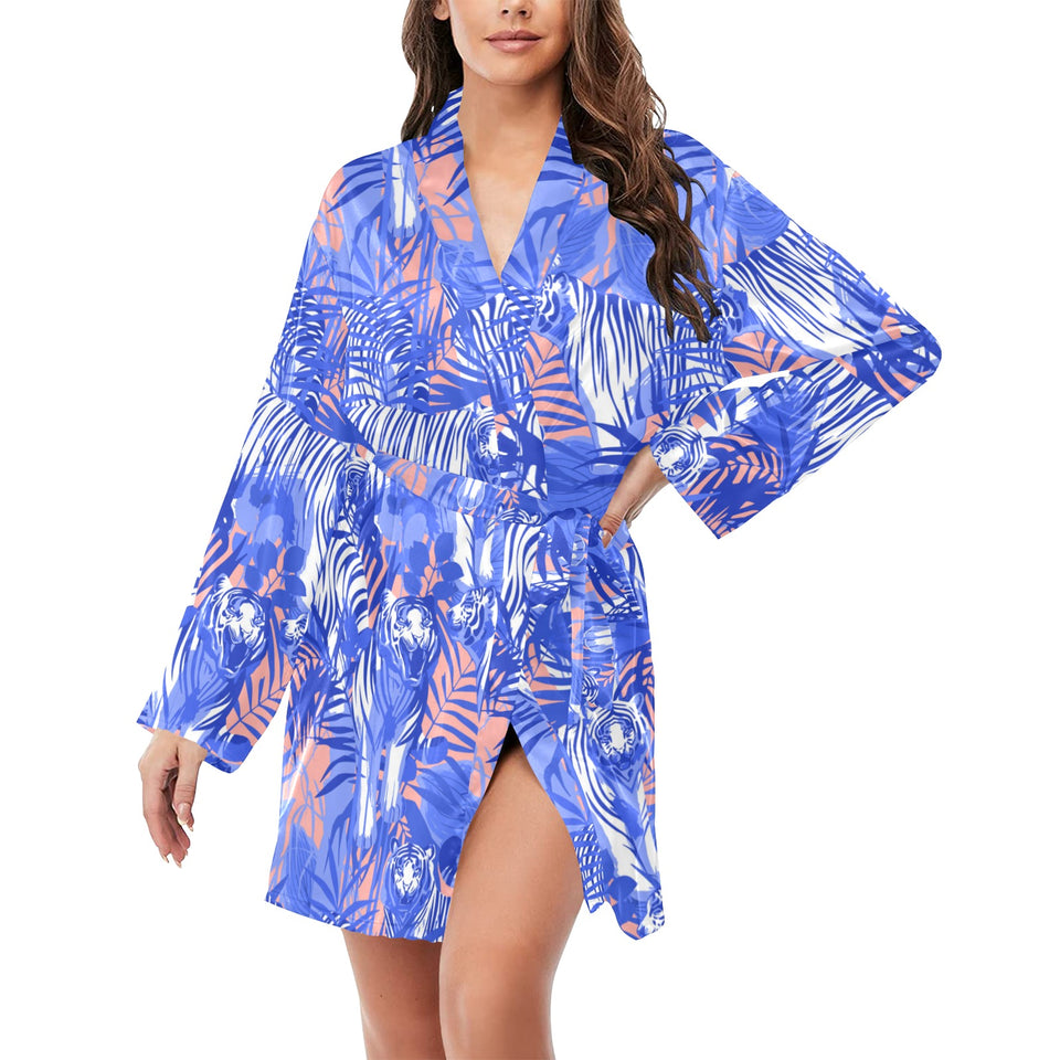 white bengal tigers pattern Women's Long Sleeve Belted Night Robe