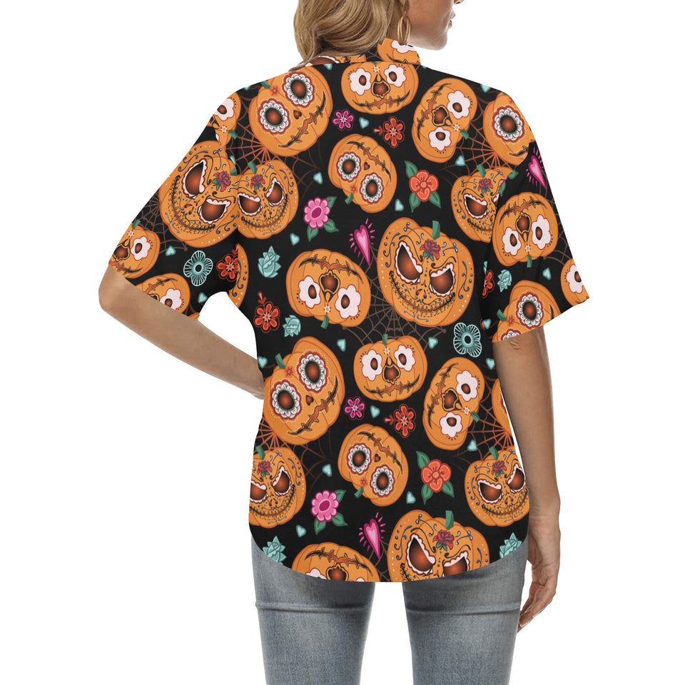 Pumpkin flowers spiderweb Halloween theme Women's All Over Print Hawaiian Shirt