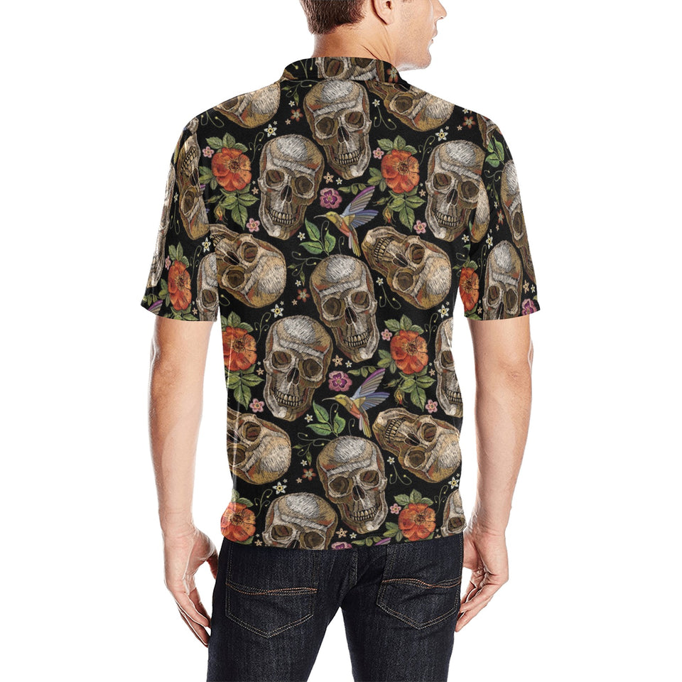 Skull rose humming bird flower pattern Men's All Over Print Polo Shirt