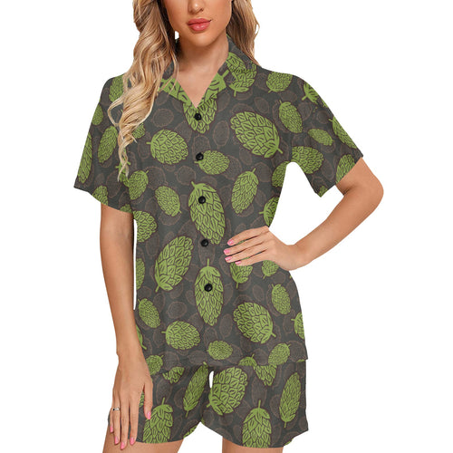 Hop pattern black background Women's V-Neck Short Pajama Set