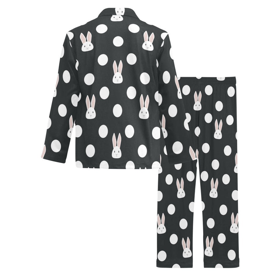 Cute white rabbit polka dots black background Men's Long Pajama Set